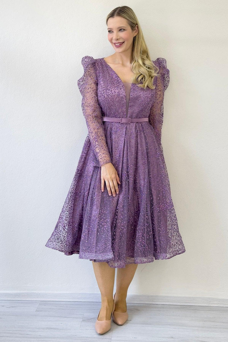 Women's Lilac Gloplu Flared Belted Plus Size Evening Gown