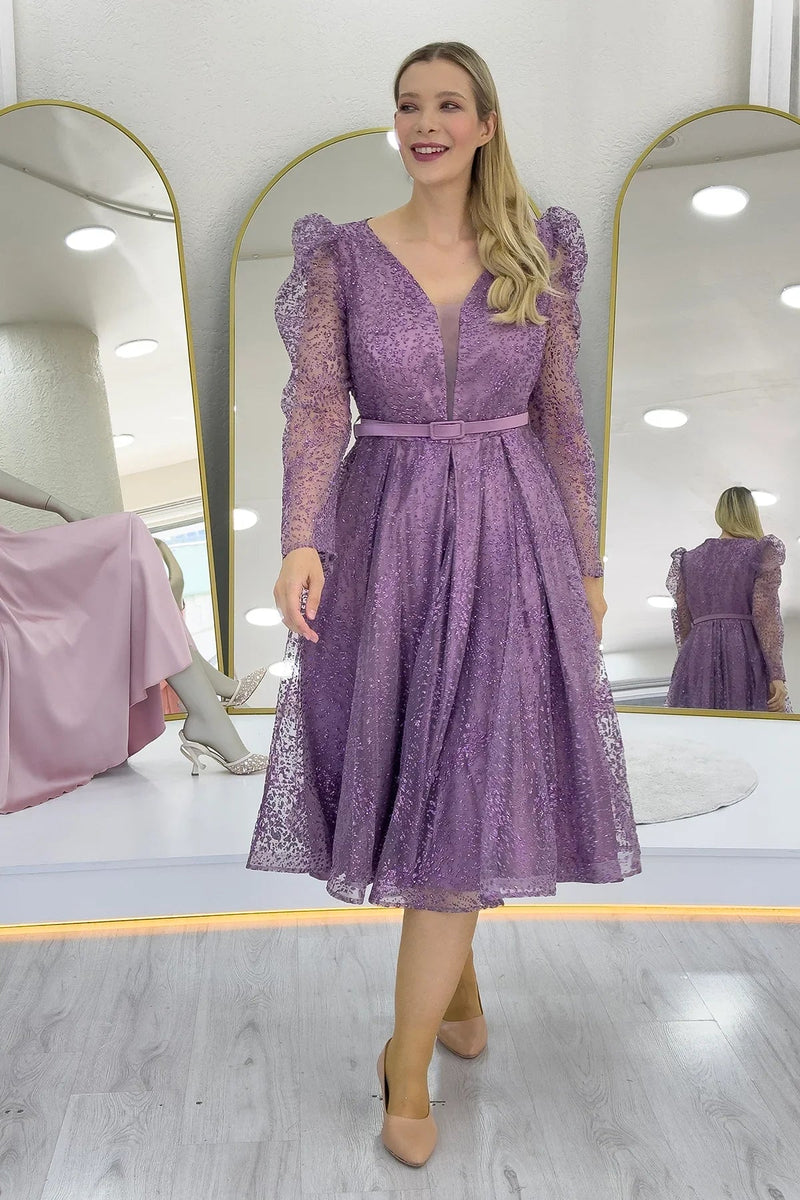 Women's Lilac Gloplu Flared Belted Plus Size Evening Gown