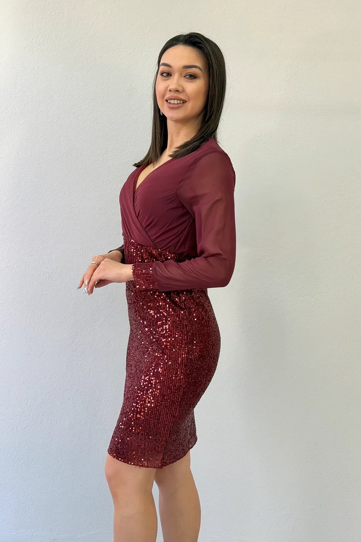 Women's Burgundy Wrap Neck Sequin Evening Gown