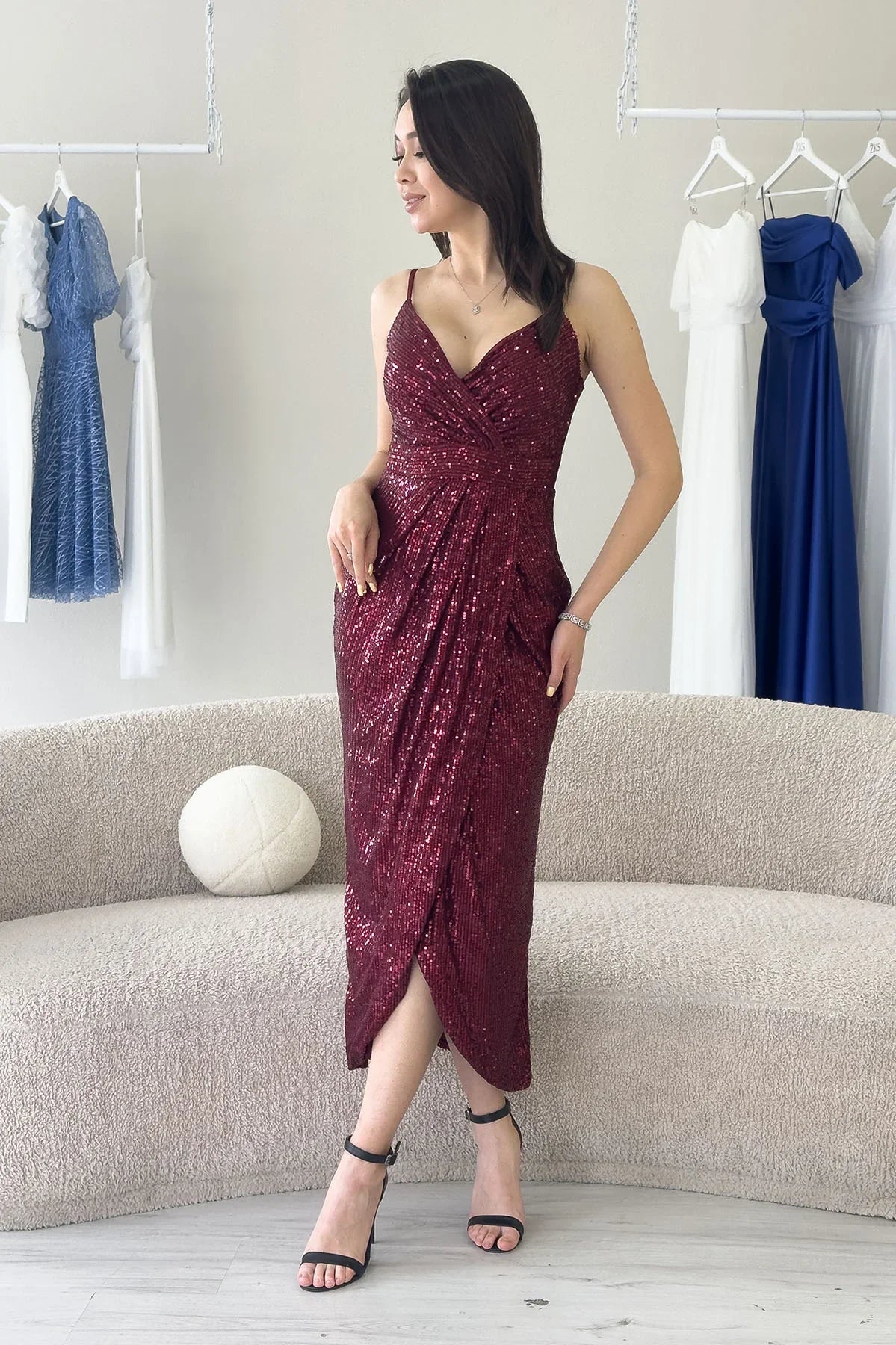 Women's Burgundy Strap Sequin Wrap Slit Evening Gown