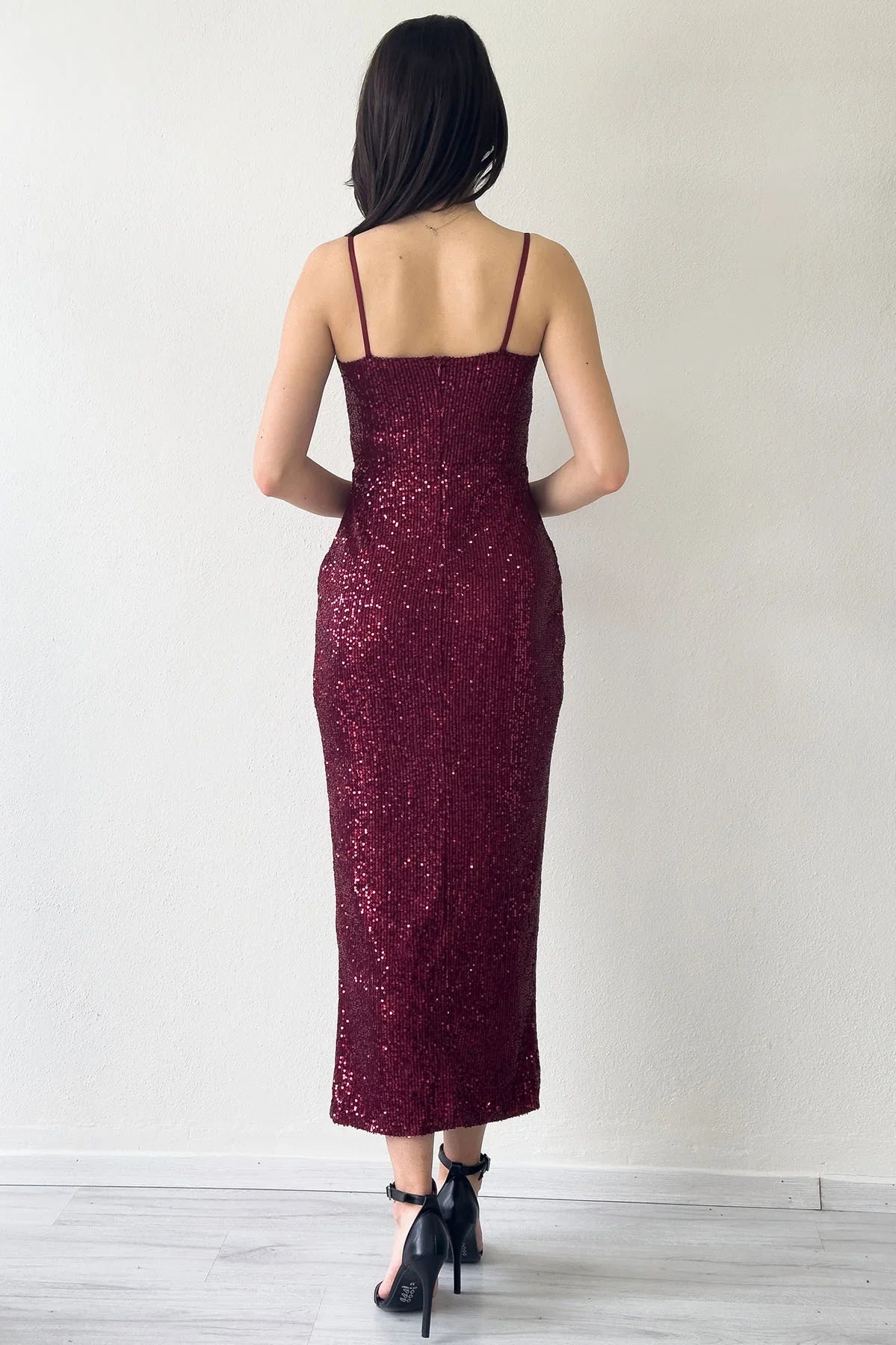 Women's Burgundy Strap Sequin Wrap Slit Evening Gown