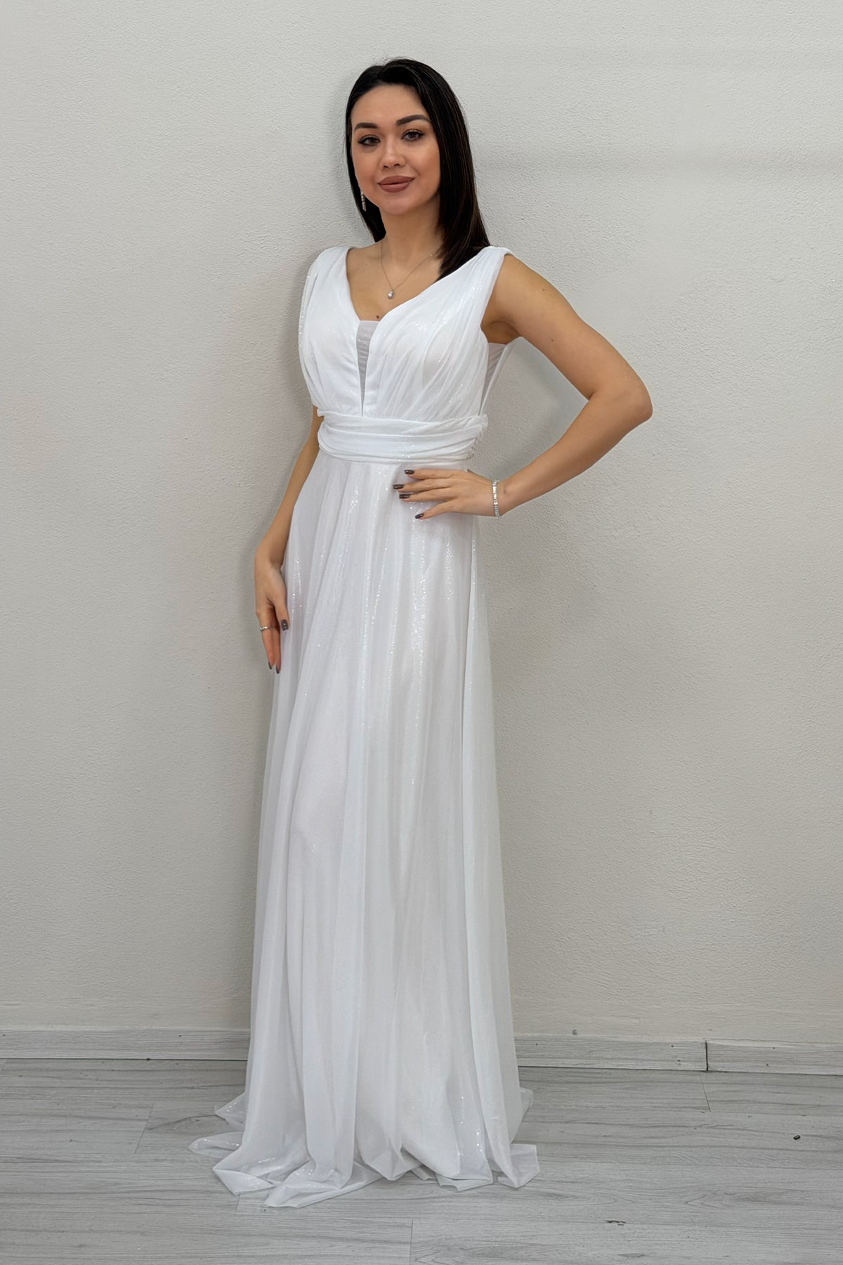 White Glittery Tulle Maxi Evening Dress