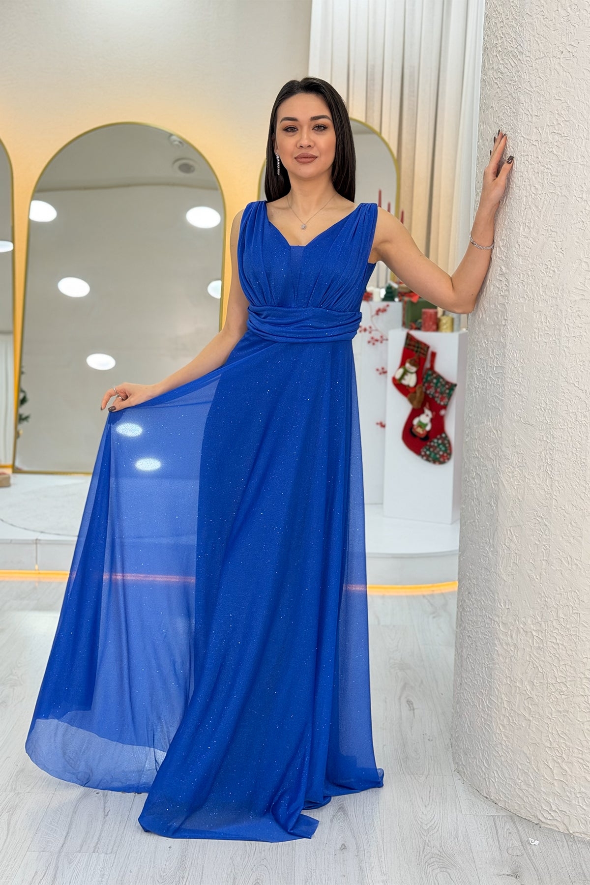 Saxe Blue Glittery Tulle Maxi Evening Dress