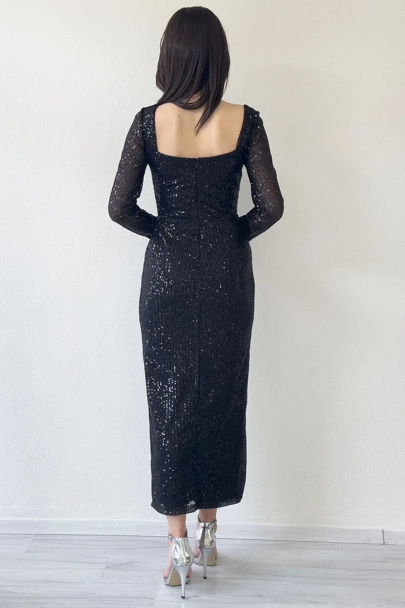 Women's Black Square Neck Sequin Evening Gown