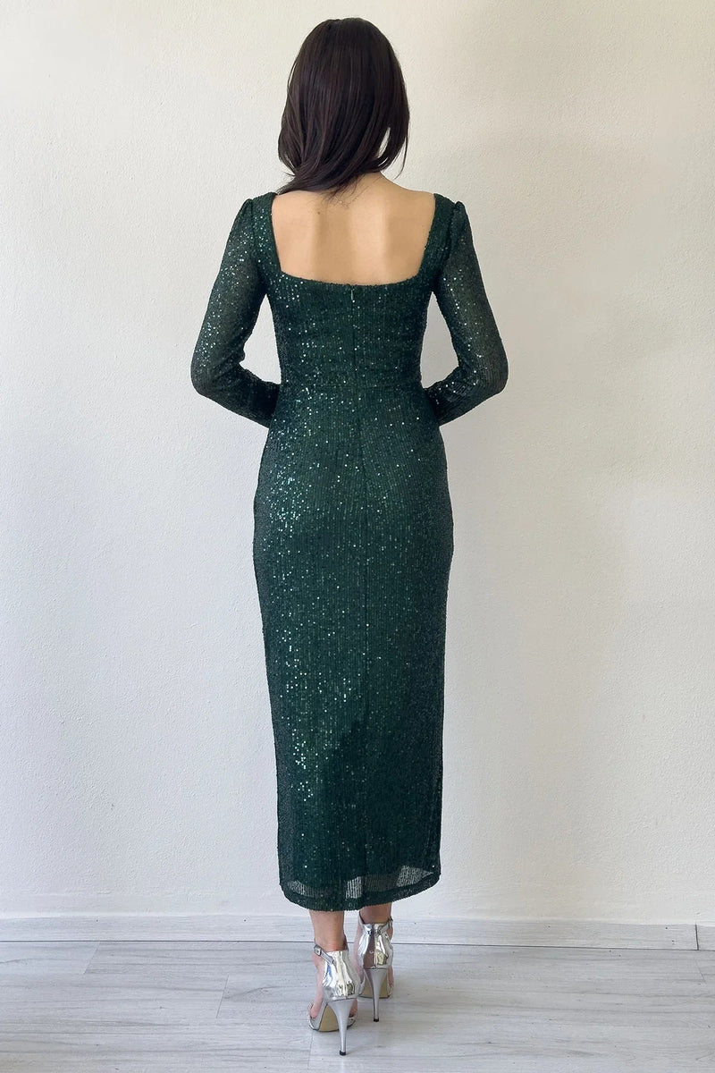 Women's Emerald Green Square Neck Sequin Evening Gown
