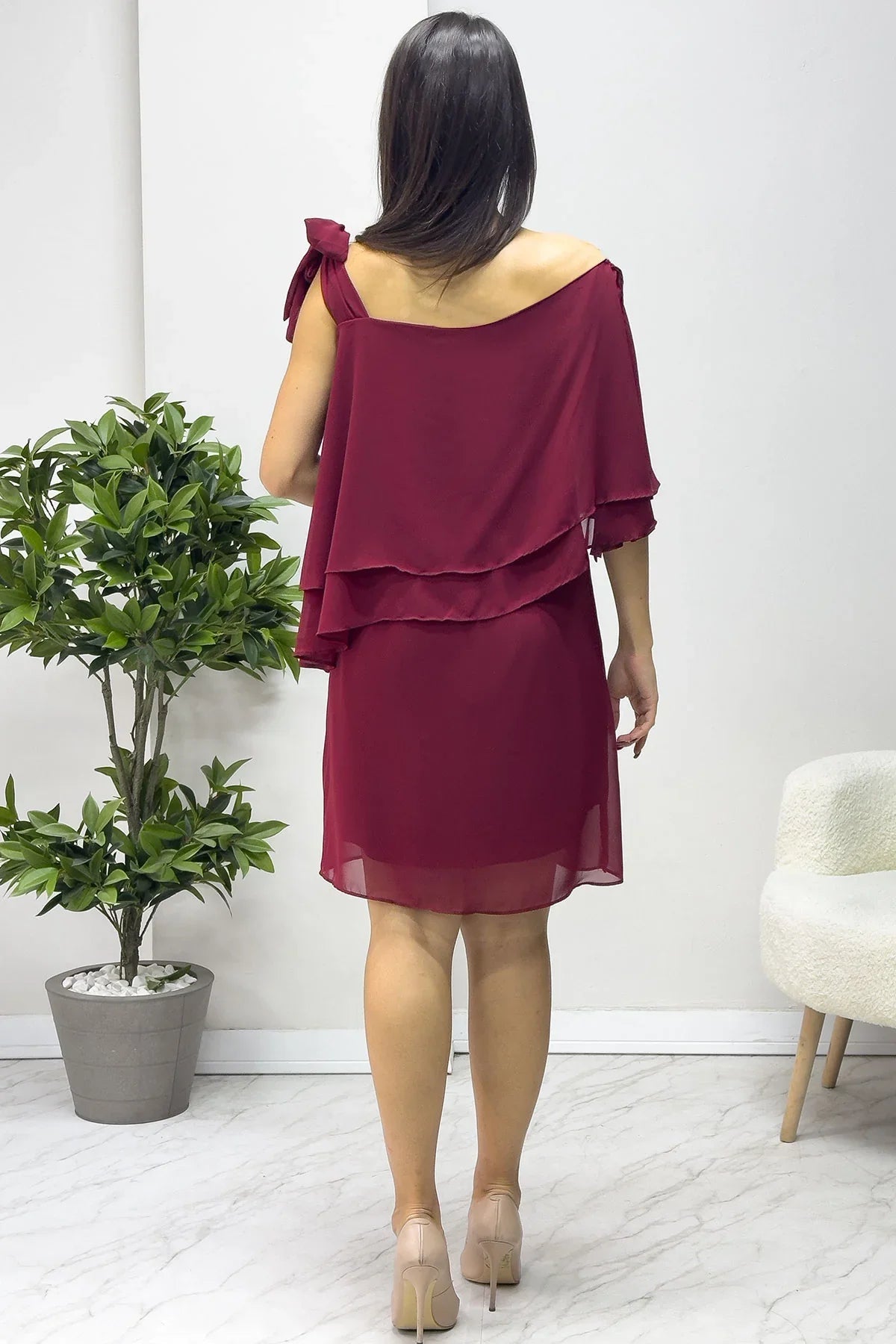 Women's Burgundy Tek Omuz Tie Chiffon Plus Size Dress