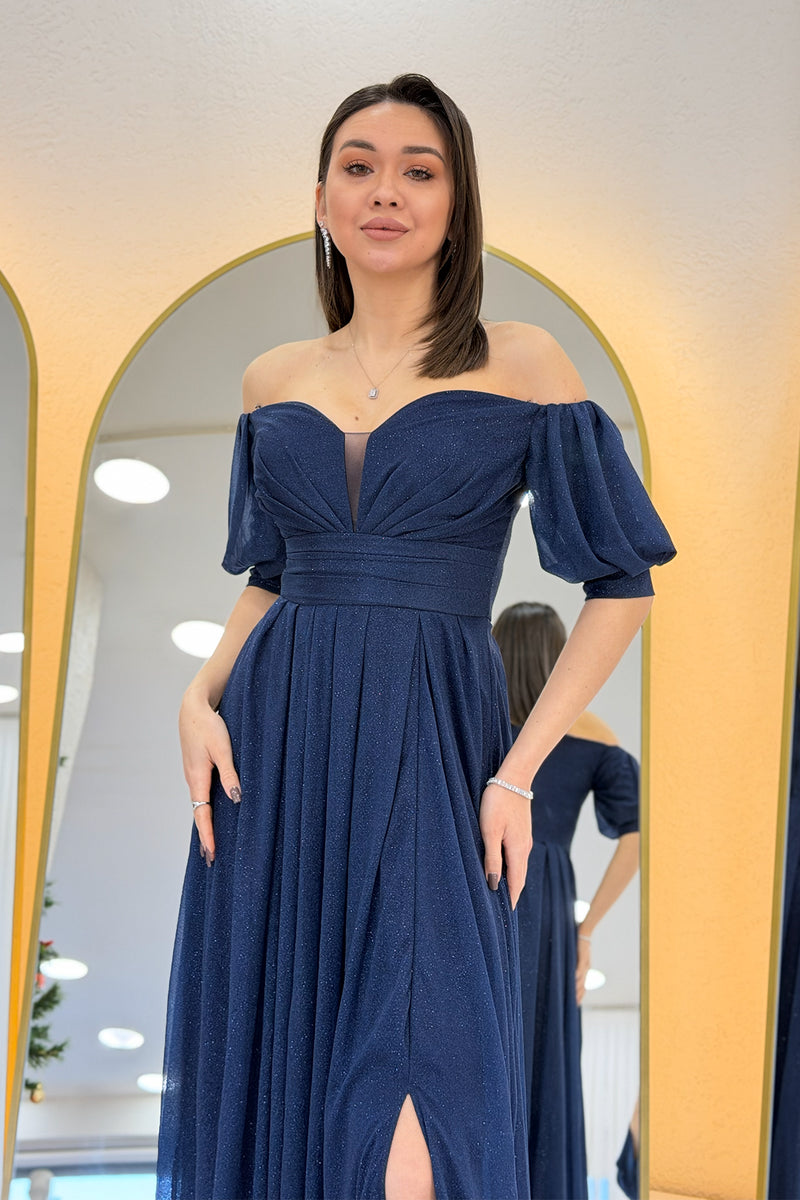 Navy Blue Short-Sleeve Maxi Chiffon Evening Dress