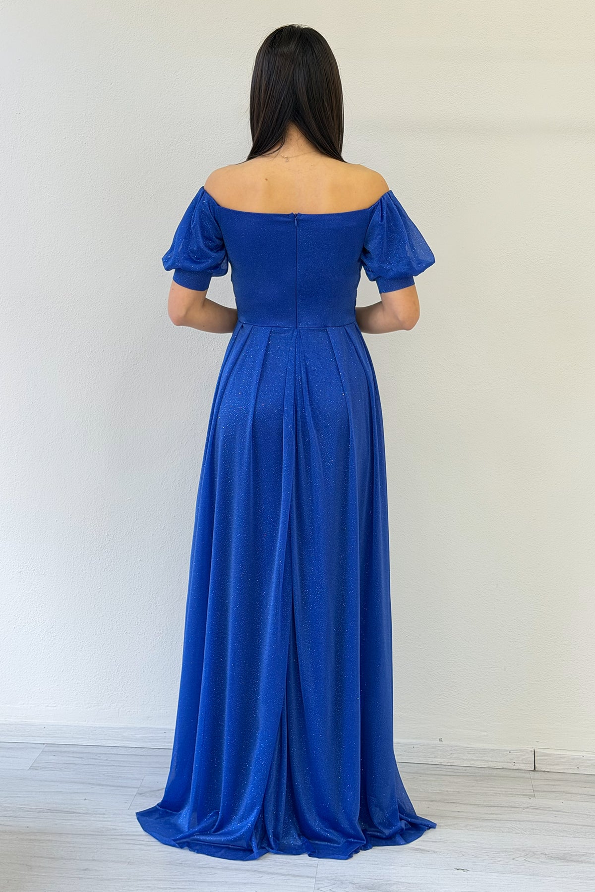 Saxe Blue Short-Sleeve Maxi Chiffon Evening Dress