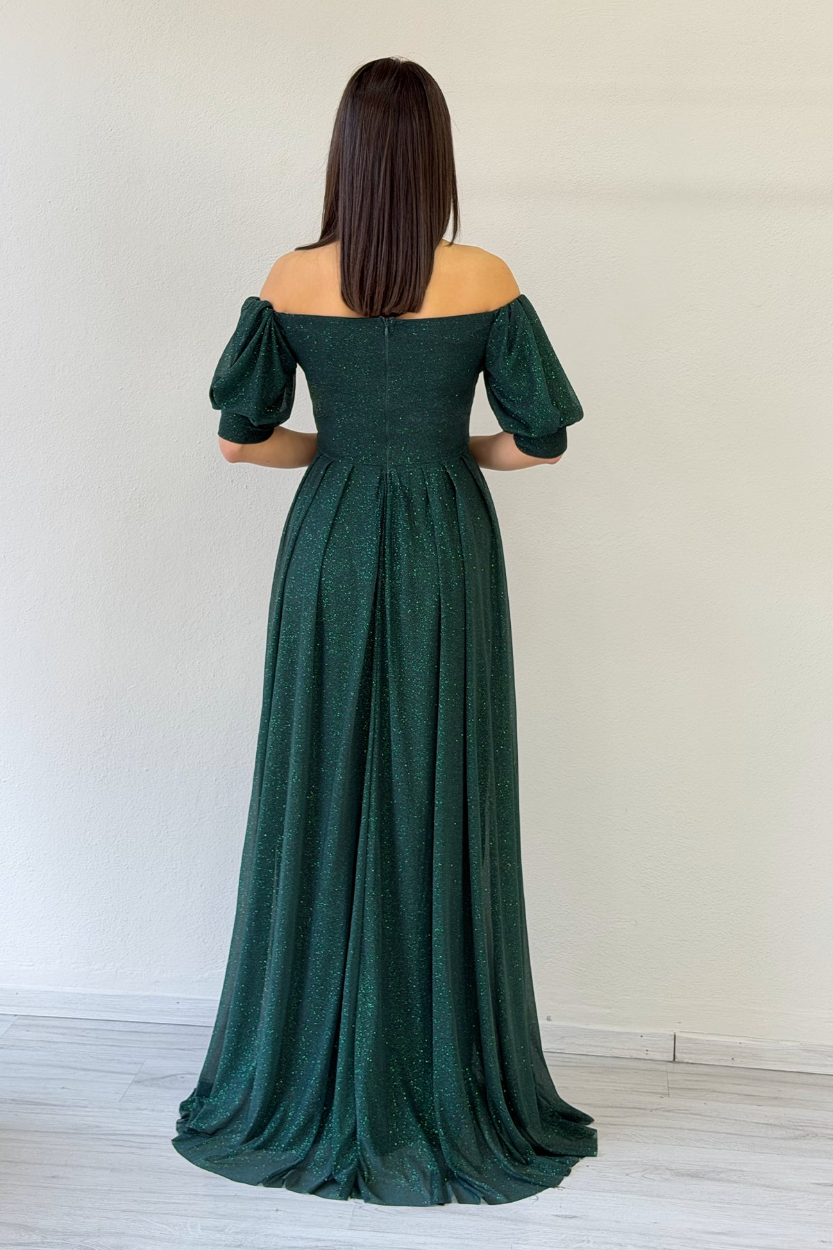 Emerald Green Short-Sleeve Maxi Chiffon Evening Dress