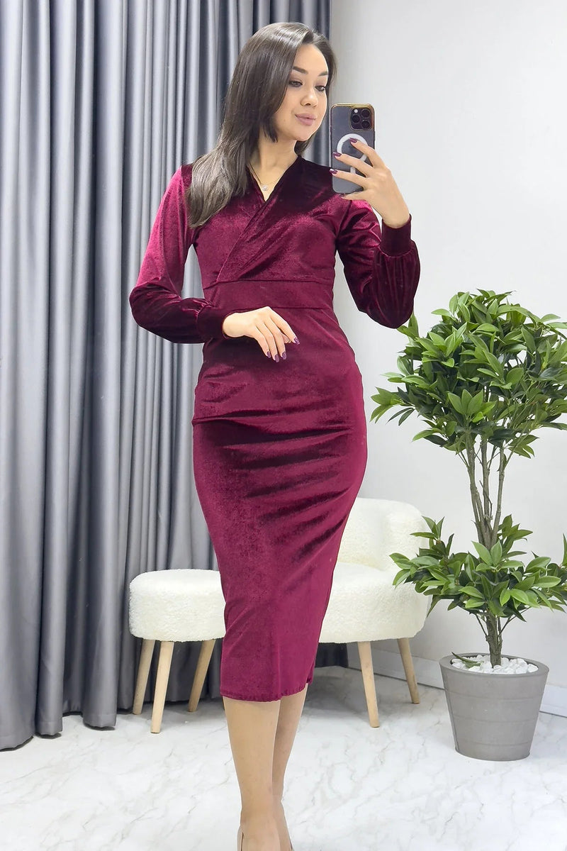 Women's Burgundy Midi Wrap Plus Size Velvet Dress
