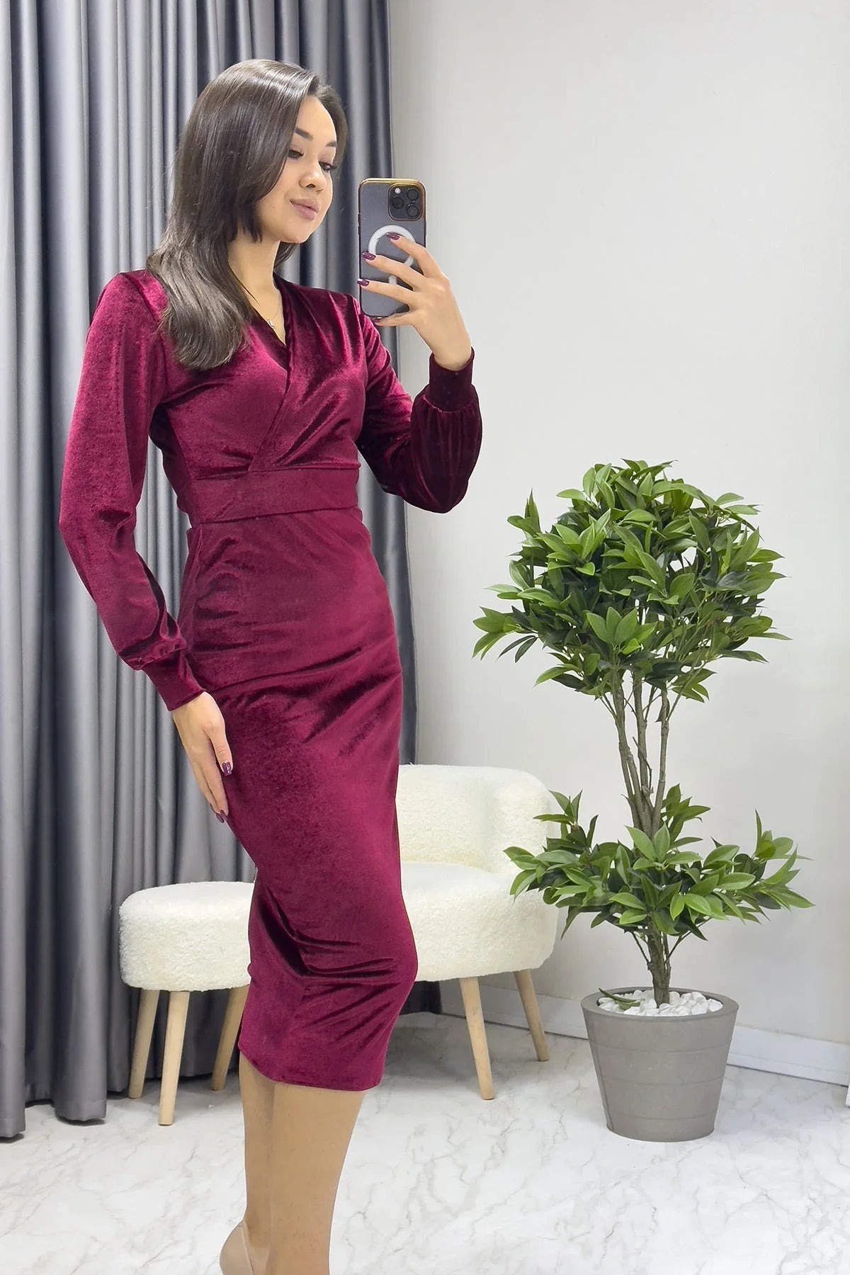 Women's Burgundy Midi Wrap Plus Size Velvet Dress