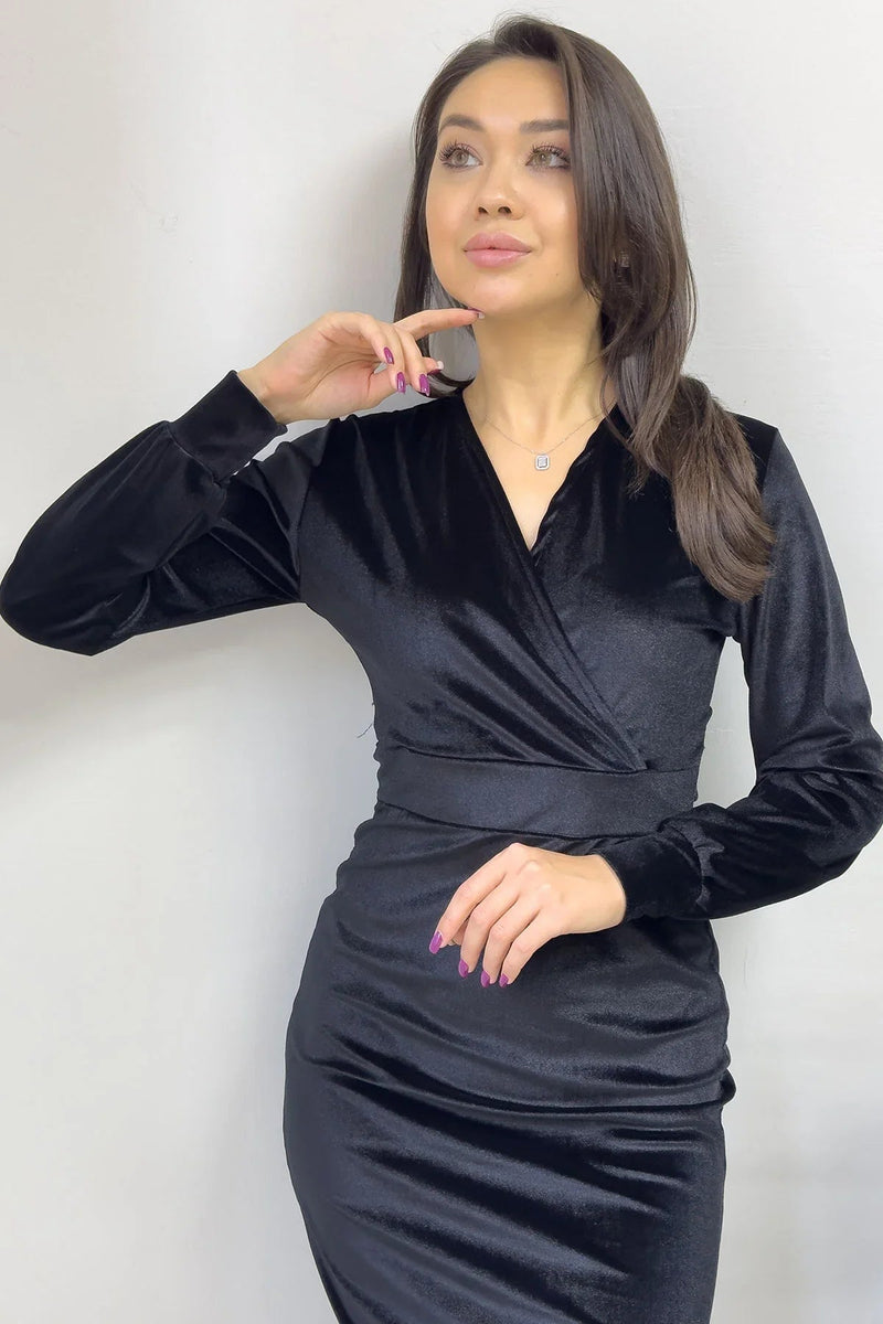 Women's Black Midi Wrap Plus Size Velvet Dress
