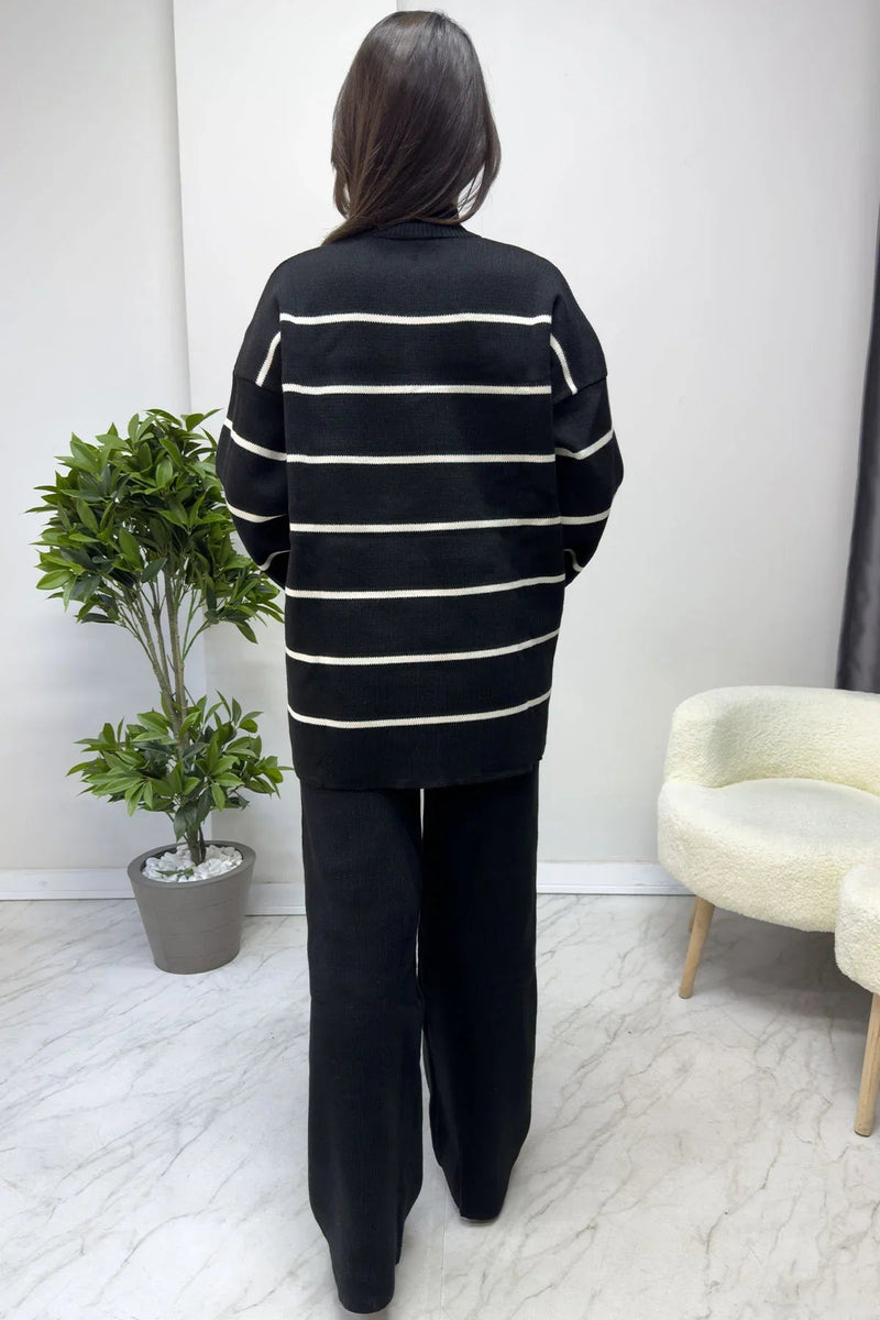Women's Striped Black Knitwear Pants Sweater Two-Piece Set