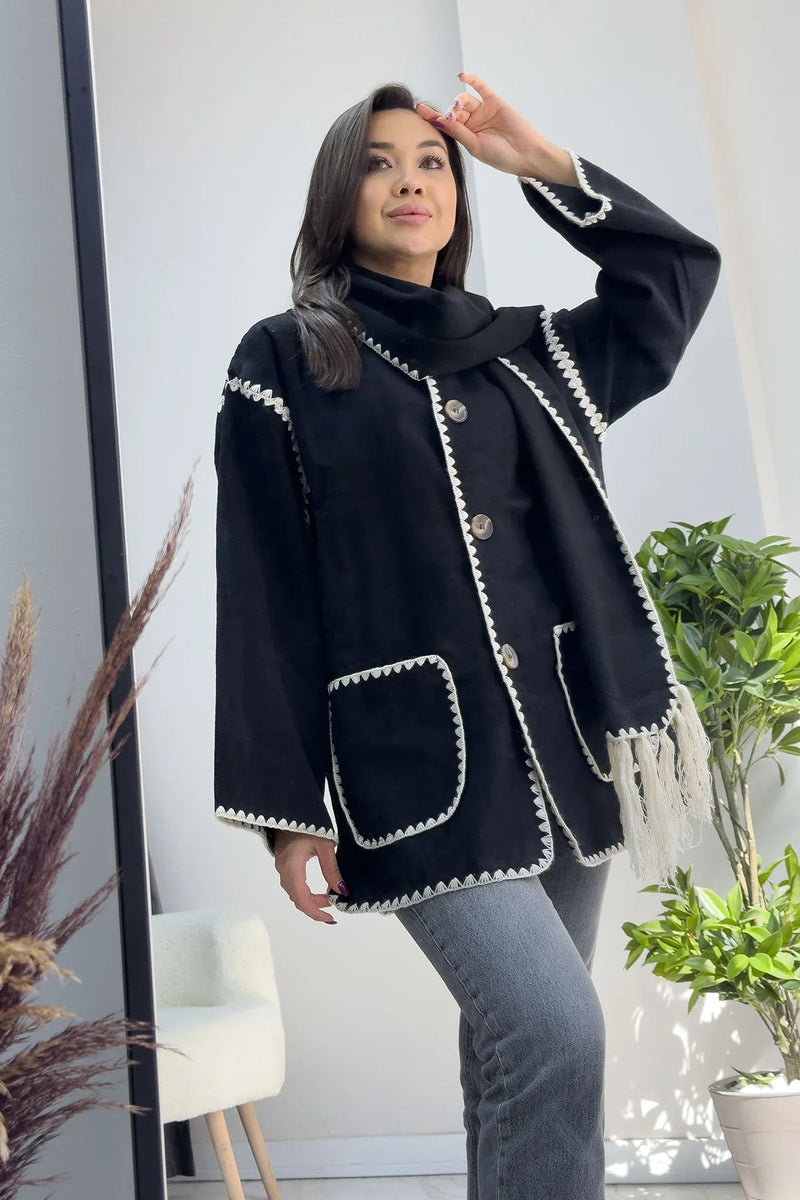 Women's Black Embroideredk Cepli Atkı Detail Coat