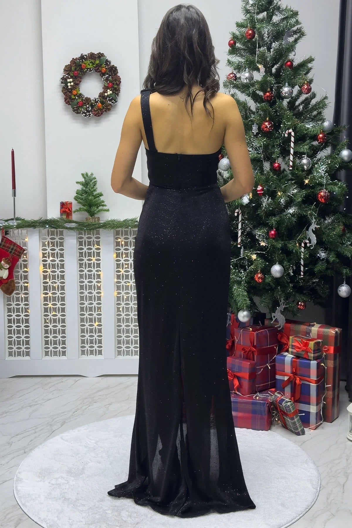 Women's Black Tek Omuz Slit Evening Gown