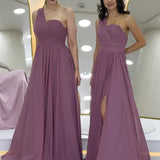 Altrosafarbenes, einseitig schulterfreies, drapiertes Maxi-Abendkleid aus Chiffon