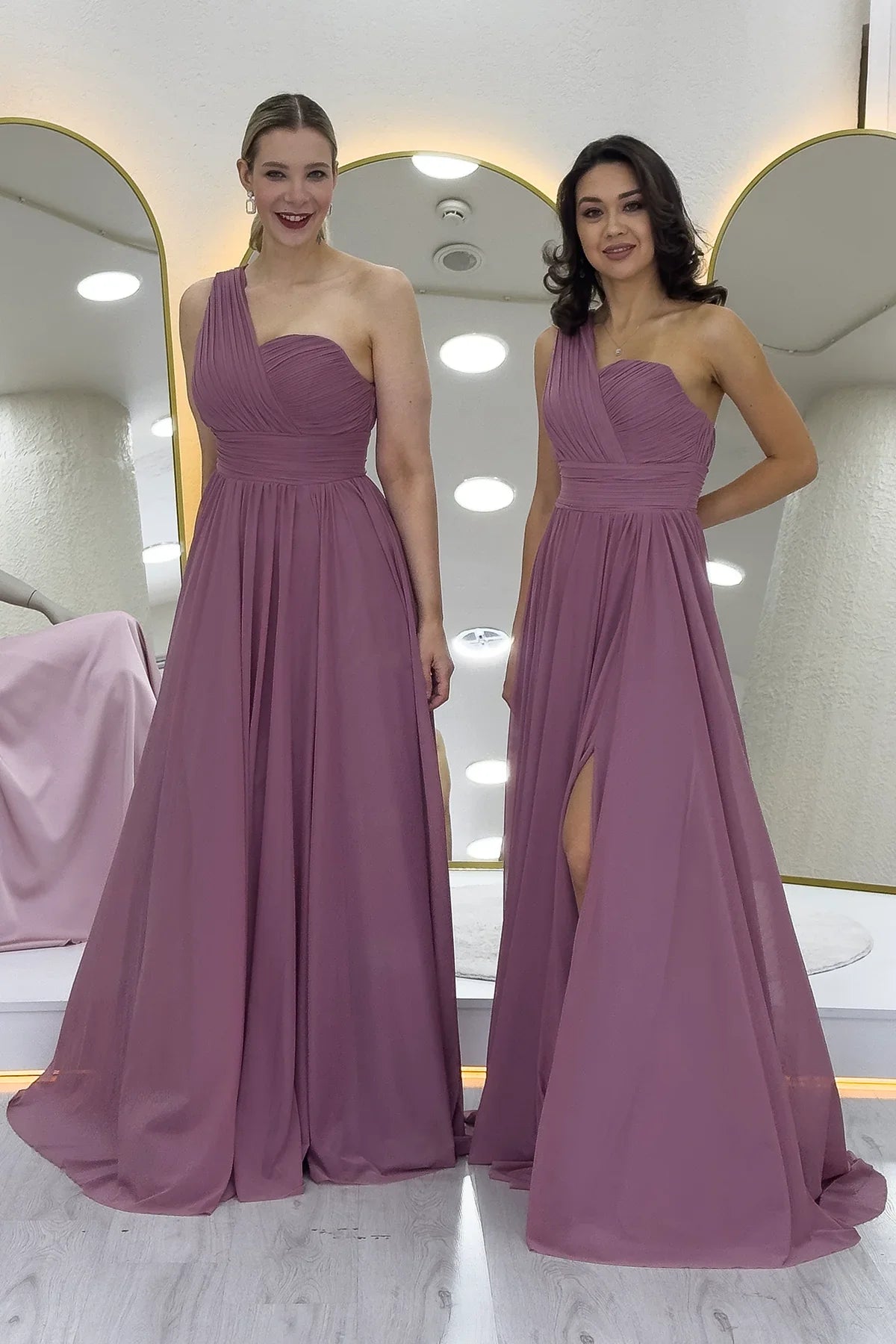 Women's Dusty Rose Tek Omuz Piliseli Flared Evening Gown