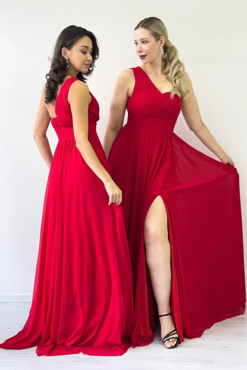Women's Red Tek Omuz Piliseli Flared Evening Gown