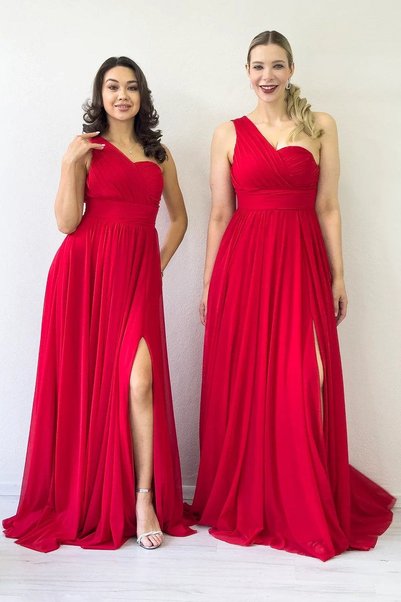 Women's Red Tek Omuz Piliseli Flared Evening Gown