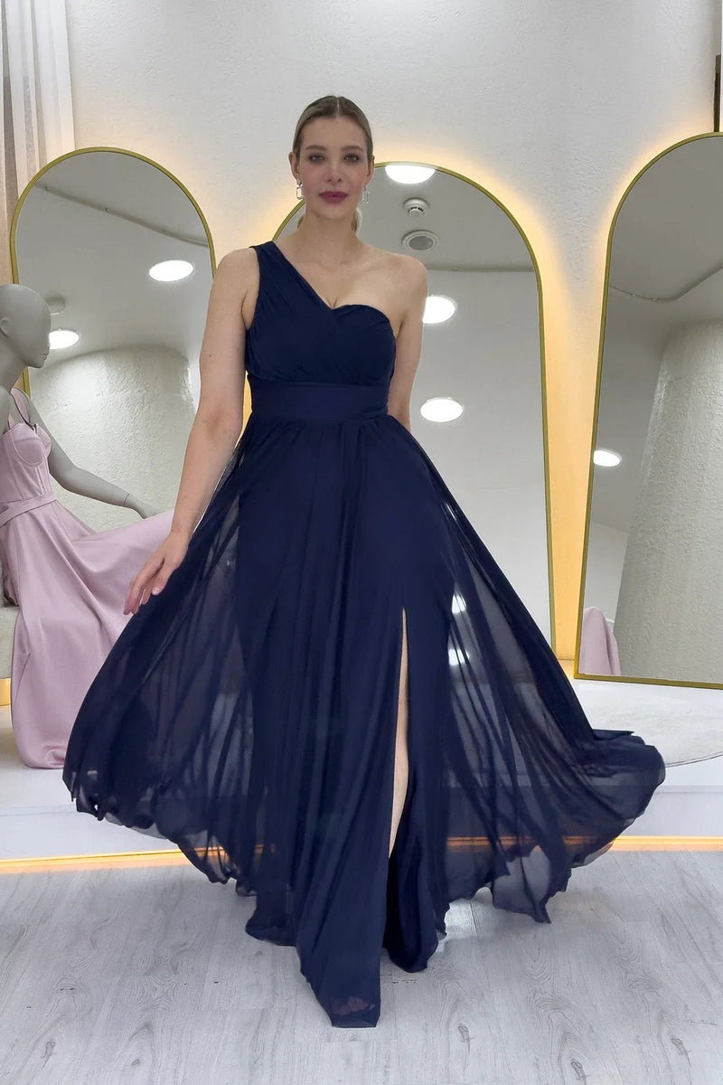 Women's Navy Blue Tek Omuz Piliseli Flared Evening Gown