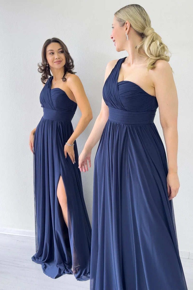 Women's Navy Blue Tek Omuz Piliseli Flared Evening Gown