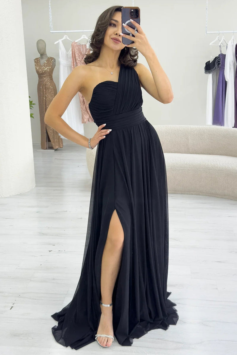 Women's Black Tek Omuz Piliseli Flared Evening Gown