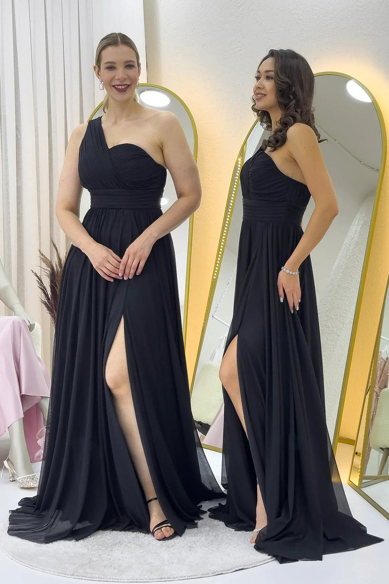 Women's Black Tek Omuz Piliseli Flared Evening Gown