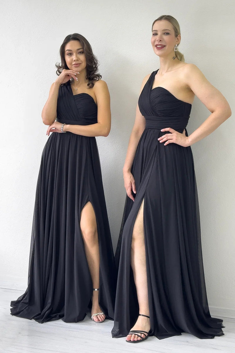 Women's Black Tek Omuz Piliseli Flared Evening Gown