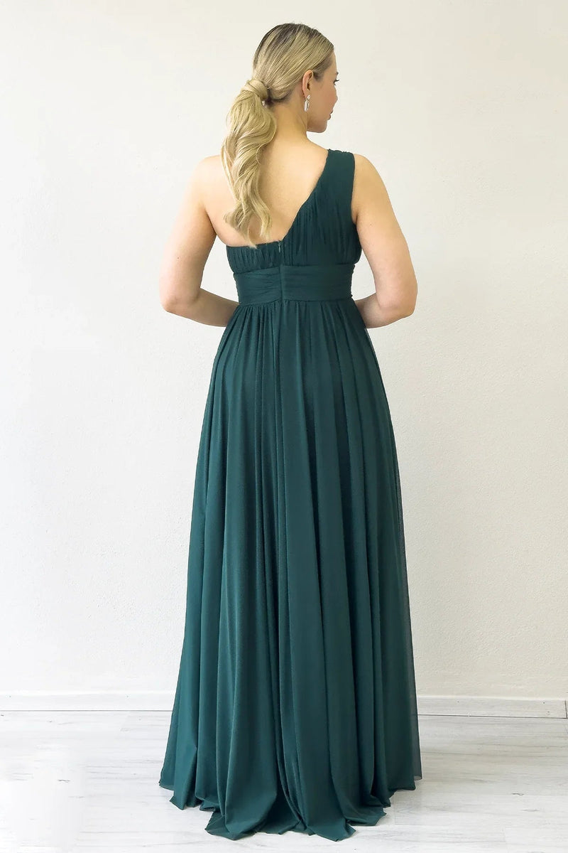 Women's Emerald Green Tek Omuz Piliseli Flared Evening Gown