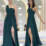 Emerald Green One-Shoulder Draped Maxi Chiffon Evening Dress