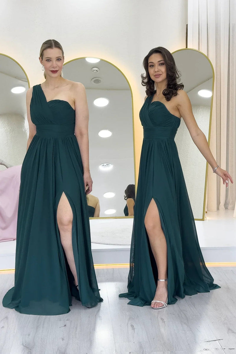 Women's Emerald Green Tek Omuz Piliseli Flared Evening Gown