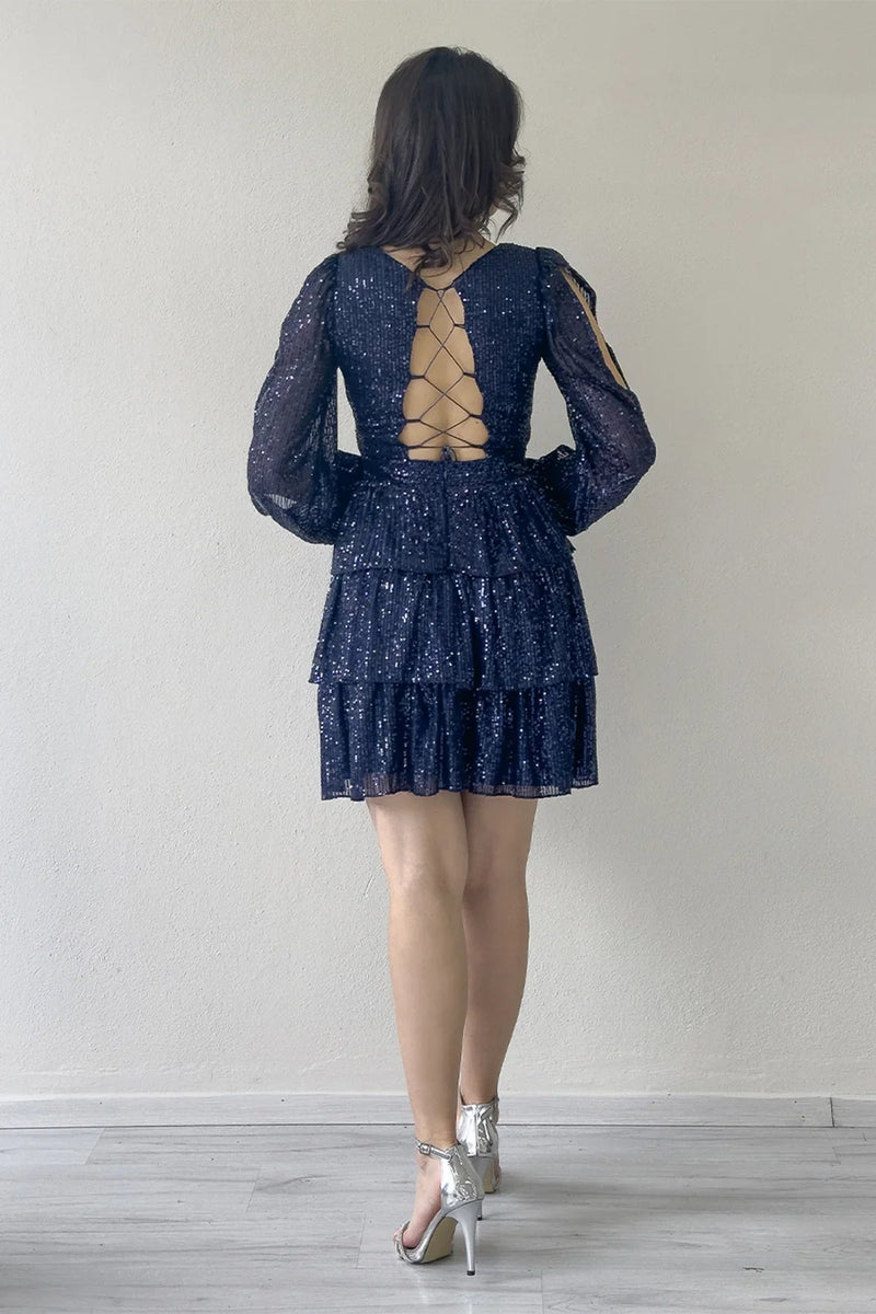 Women's Navy Blue Sequin Open Back Mini After Evening Gown