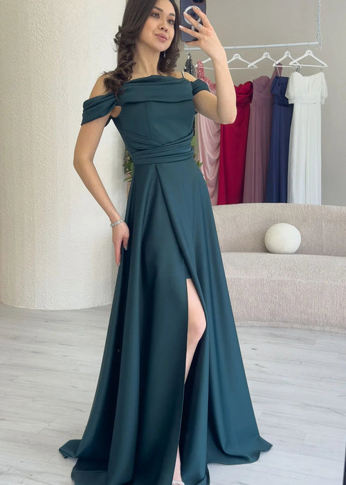 Emerald Green Stone Strap Satin Maxi Evening Dress