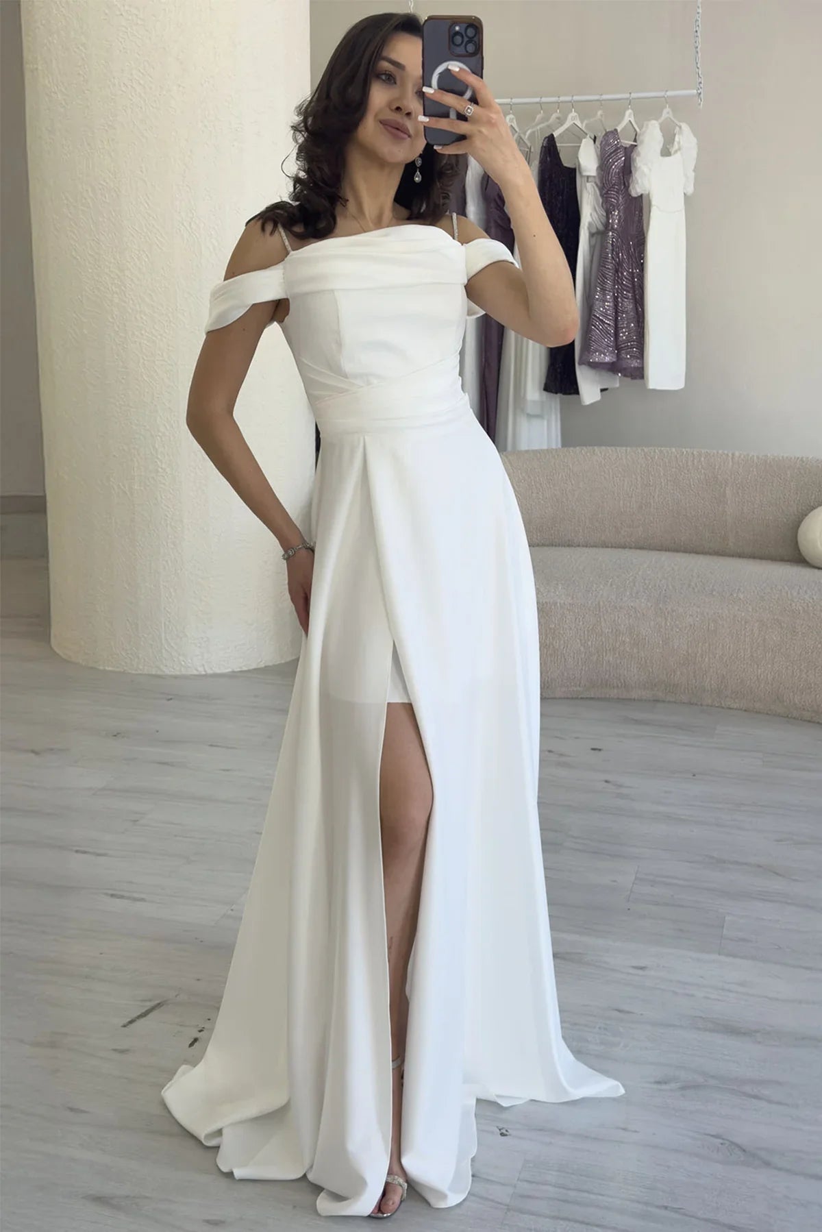 Women's White Taş Strap Off-Shoulder Satin Slit Evening Gown