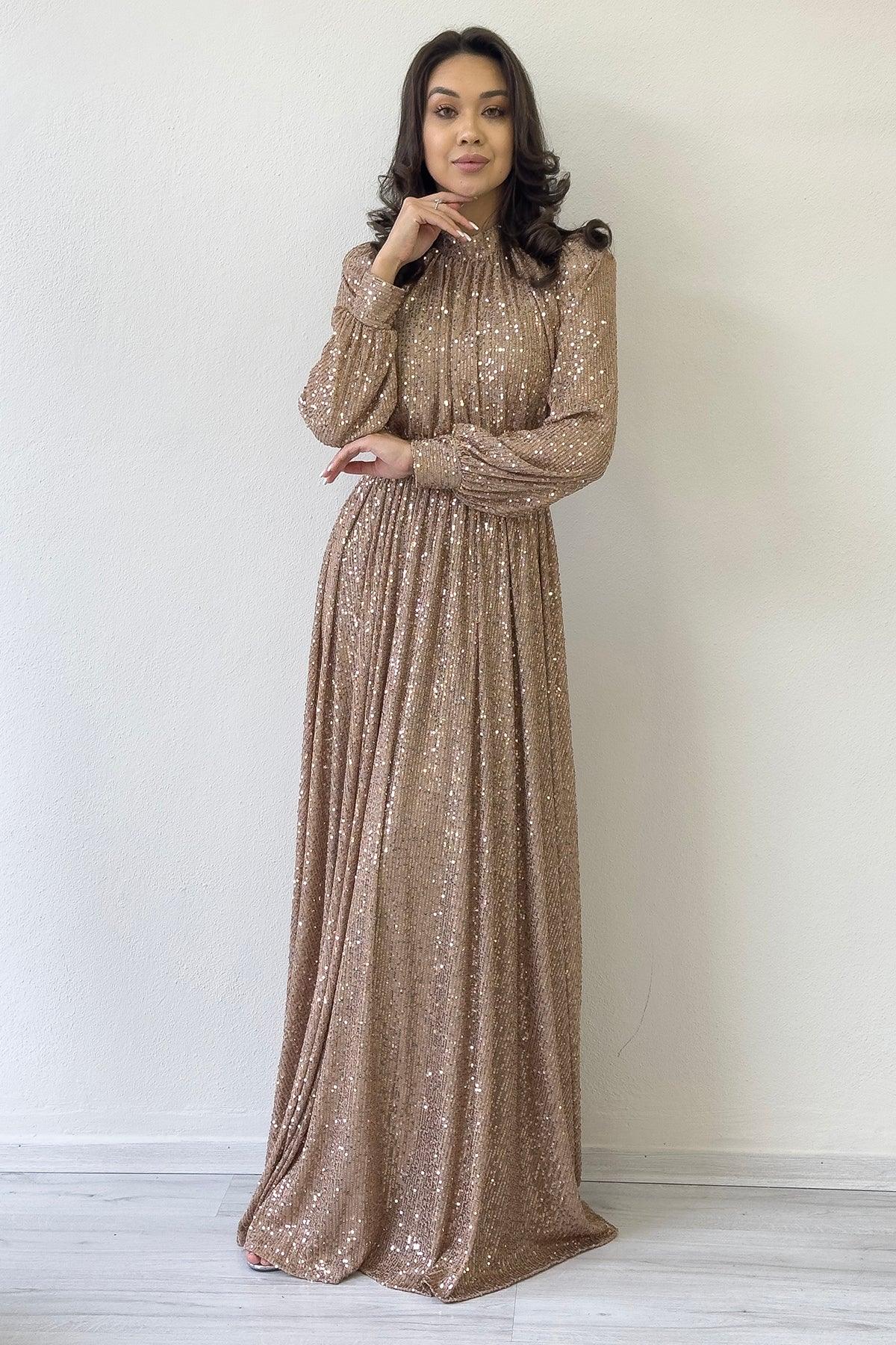 Women's Krem Sequin Büzgü Detail Maxi Evening Gown