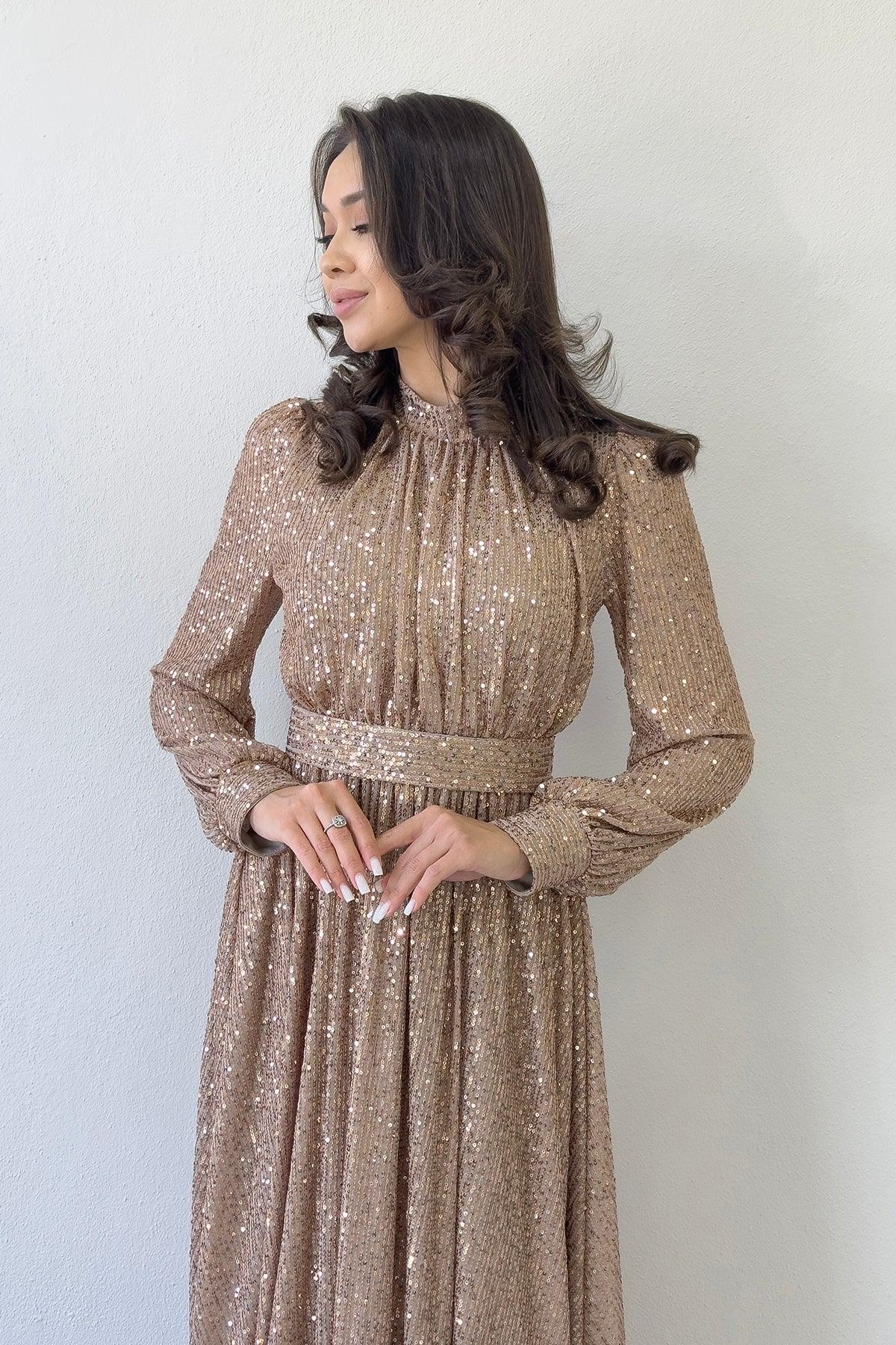 Women's Krem Sequin Büzgü Detail Maxi Evening Gown