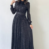 Schwarzes Pailletten-Maxi-Abendkleid
