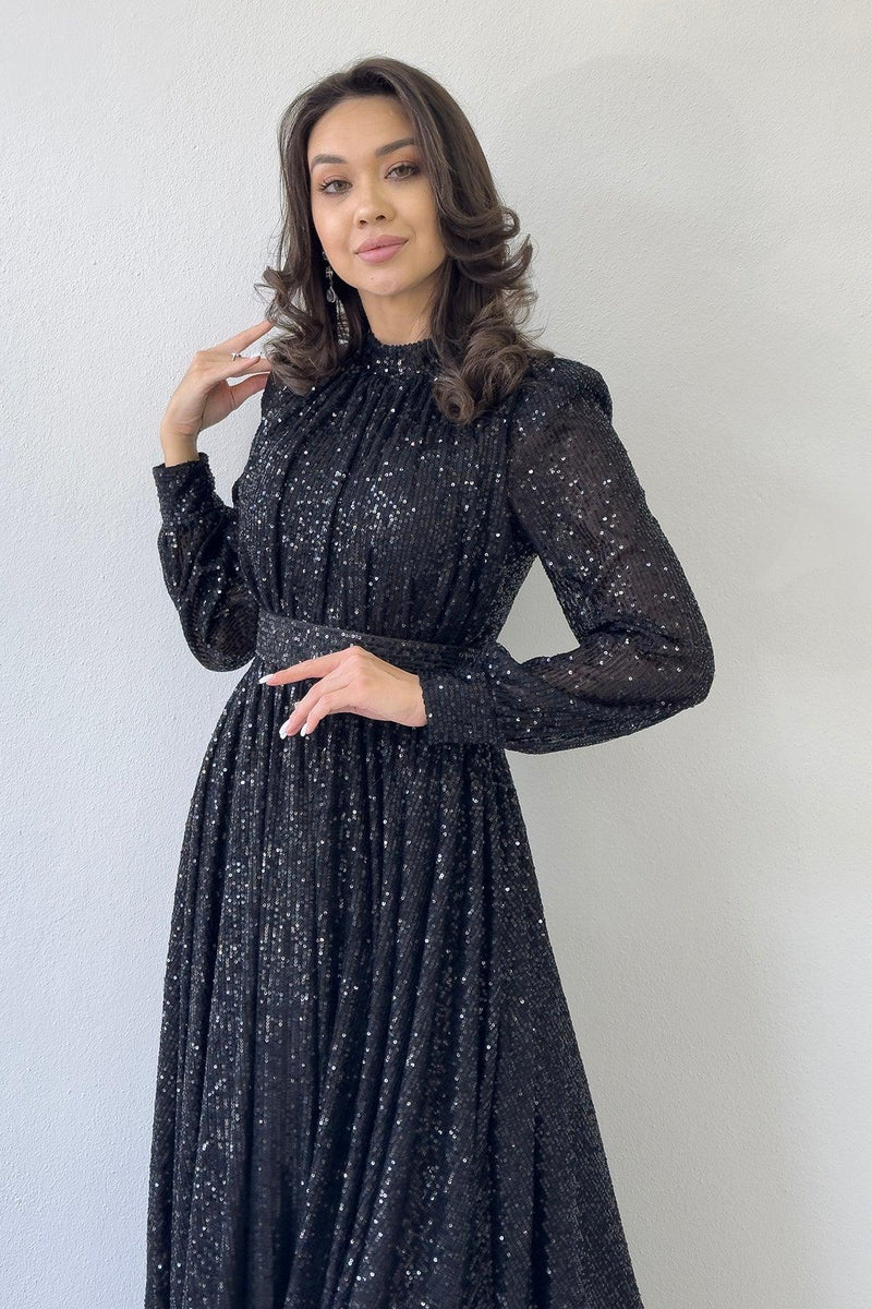 Women's Black Sequin Büzgü Detail Maxi Evening Gown