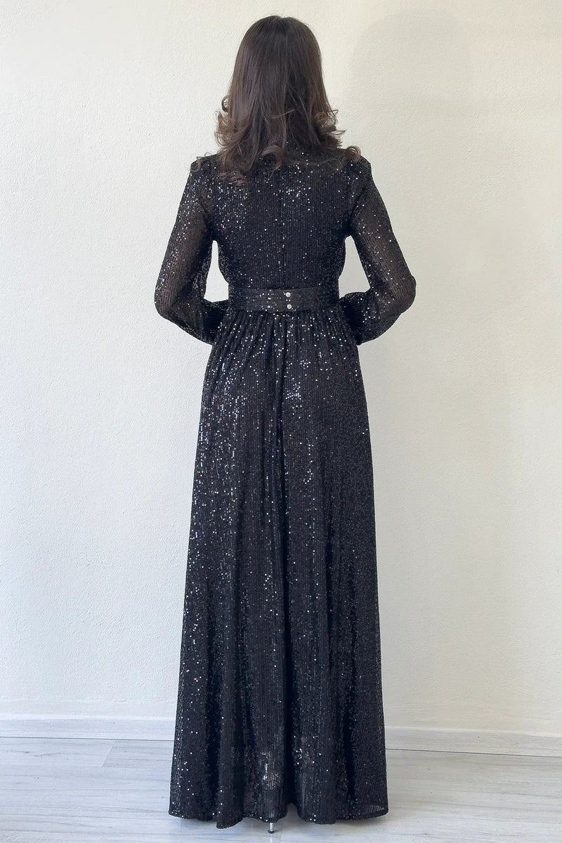 Women's Black Sequin Büzgü Detail Maxi Evening Gown