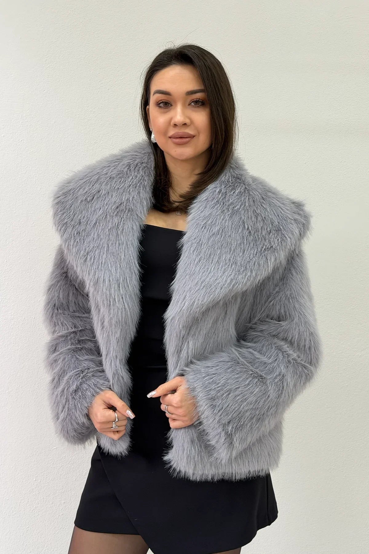 Women's Gray Necklı Yeni Sezon Yumuşak Plush Fur Coat