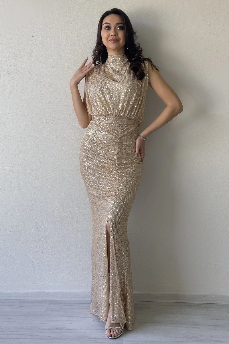 Women's Beige High Neck Kuşak Detail Slit Sequin Evening Gown