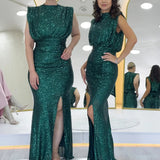 Emerald Green High-Neck Sequin Evening Dress