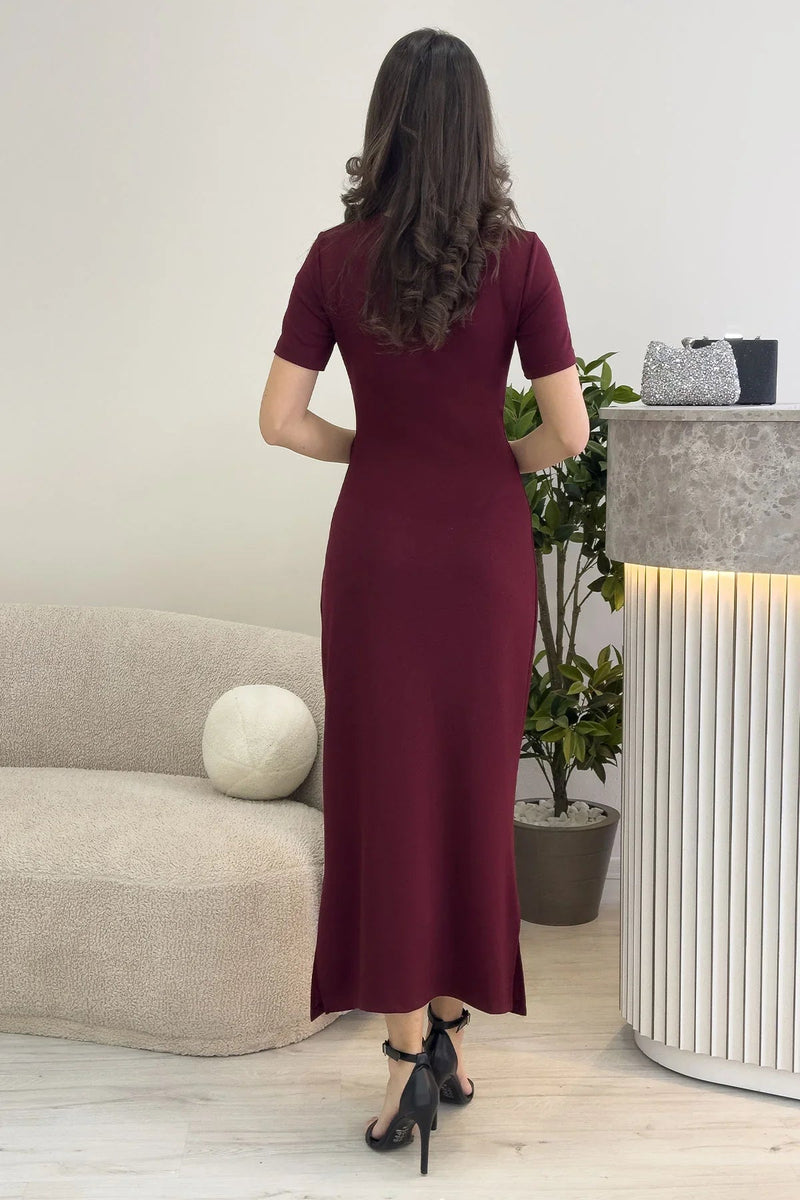 Women's Burgundy Short Sleeve Yandan Tie Maxi Dress