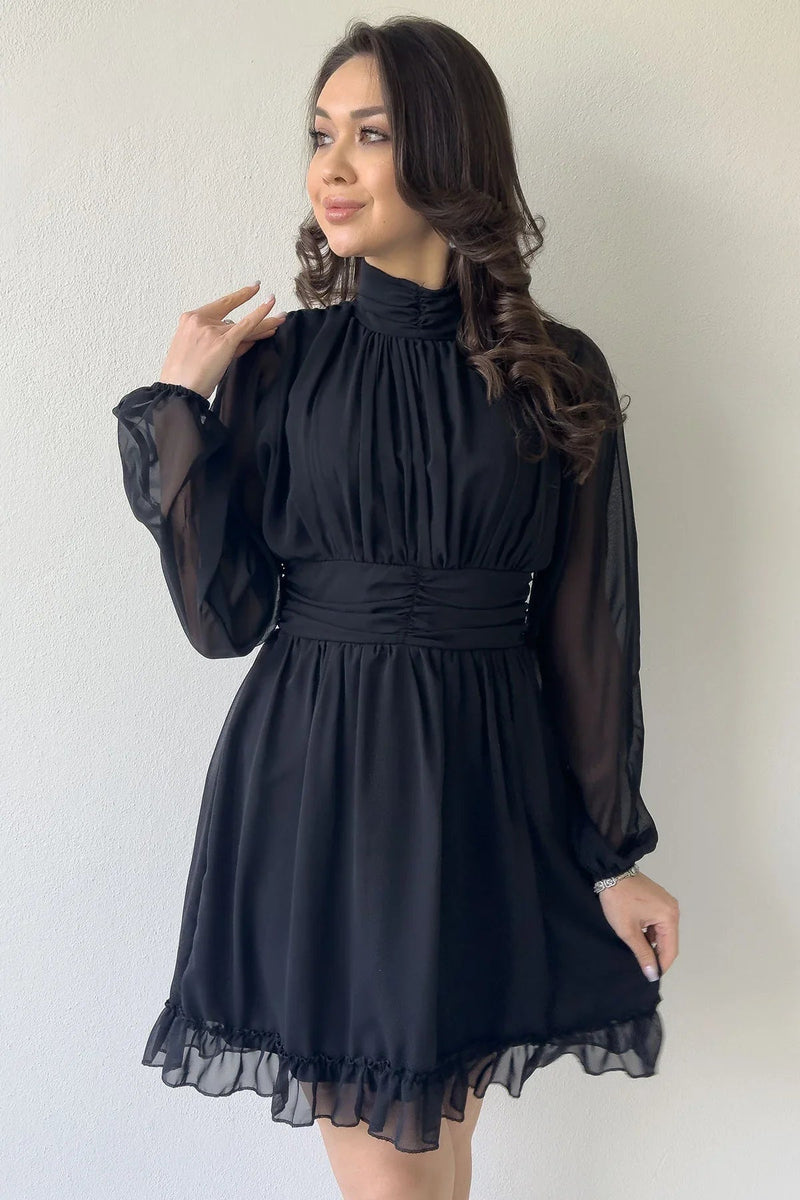 Women's Black Sırt Dekolte Skirt Ucu Ruffled Mini Chiffon Dress