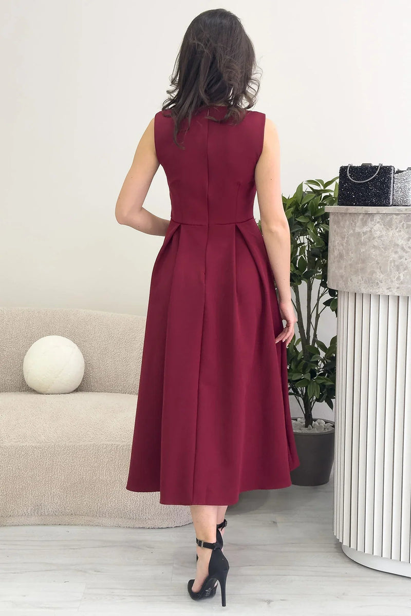 Women's Burgundy V-Neck Düğme Detail Piliseli Midi Dress