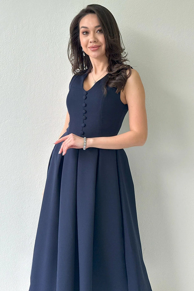 Women's Navy Blue V-Neck Düğme Detail Piliseli Midi Dress