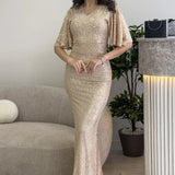 Women's Beige Ruffle Sleeve Sequined Fishtail Evening Dress