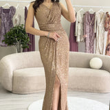 Beige Slit Sequin Evening Dress