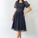 Black Midi Short Sleeve Glitter Evening Dress