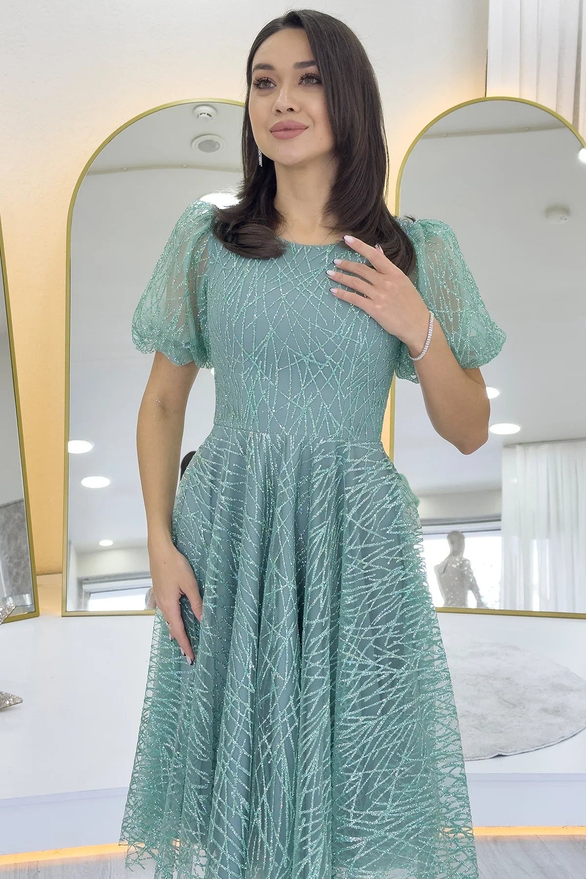 Women's Aqua Green Balloon Sleeve Glitter Flared Midi Evening Gown